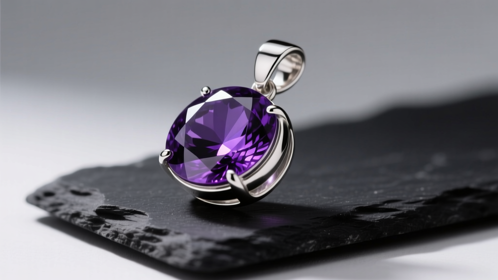Close-up of a sterling silver mood pendant glowing deep violet, resting on dark slate with soft directional studio lighting.