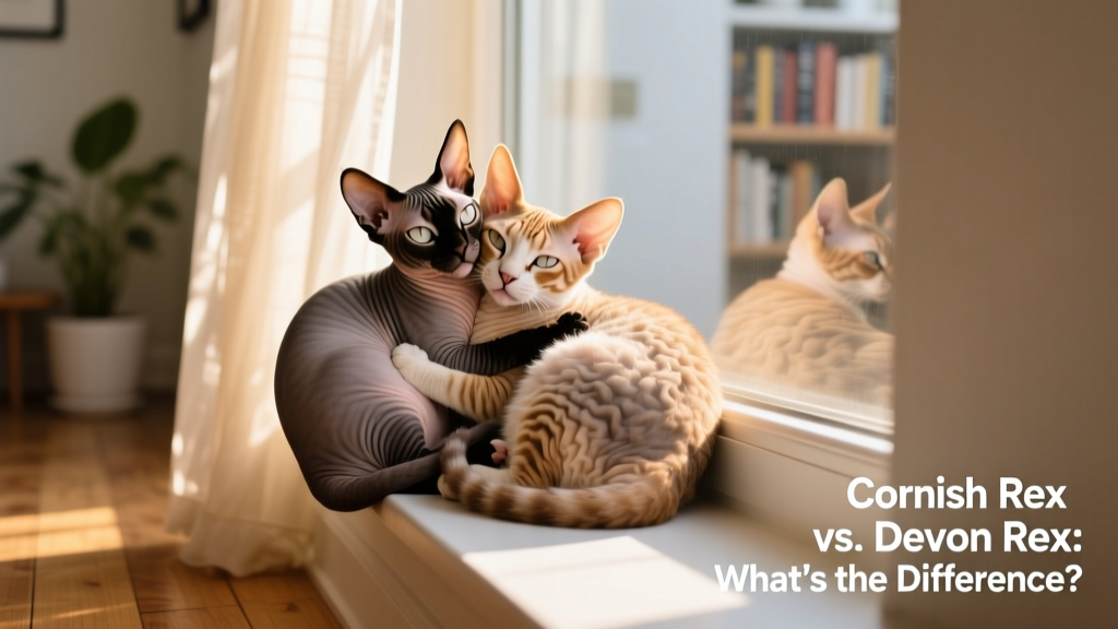 A happy, healthy Cornish Rex and Devon Rex curled up together on a sunlit windowsill, showcasing their bond and relaxed demeanor