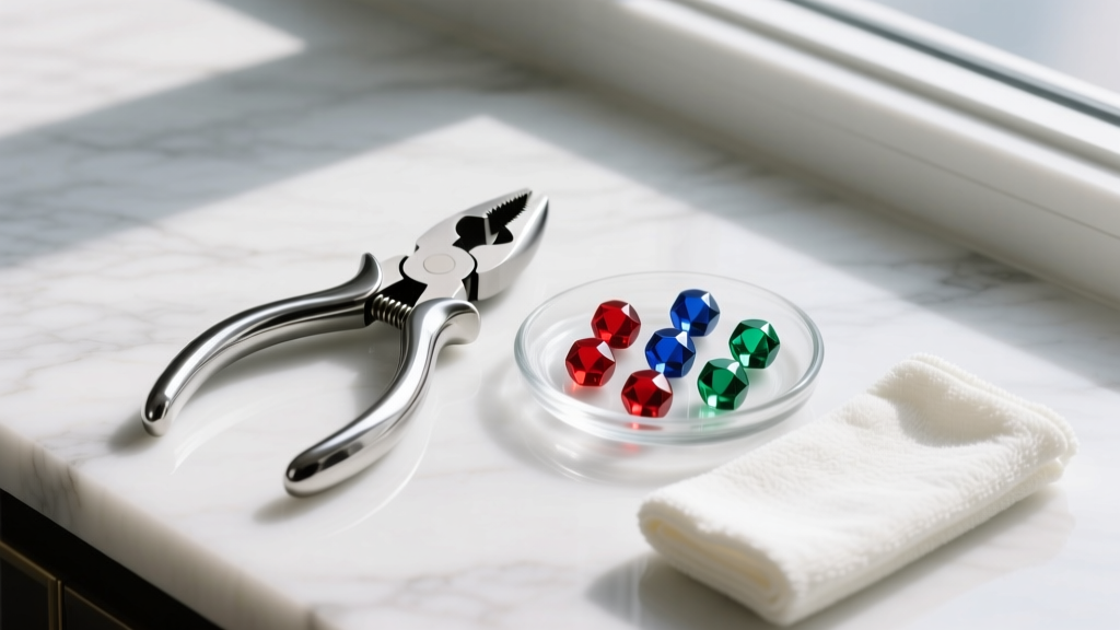Maintenance kit with ring opening pliers, spare captive beads in a glass dish, and microfiber cloth on a marble surface