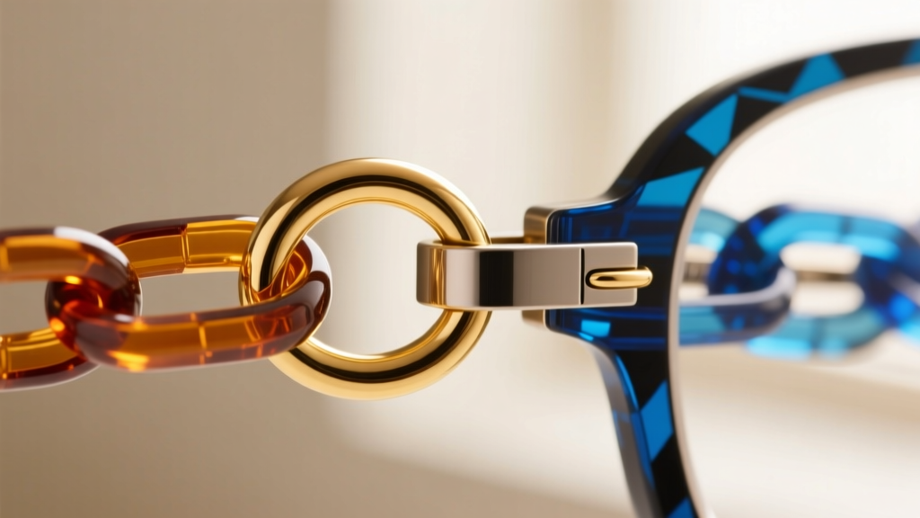 Macro shot of an 18-gauge gold jump ring connecting an acetate link chain to a magnetic clasp for secure eyewear retention