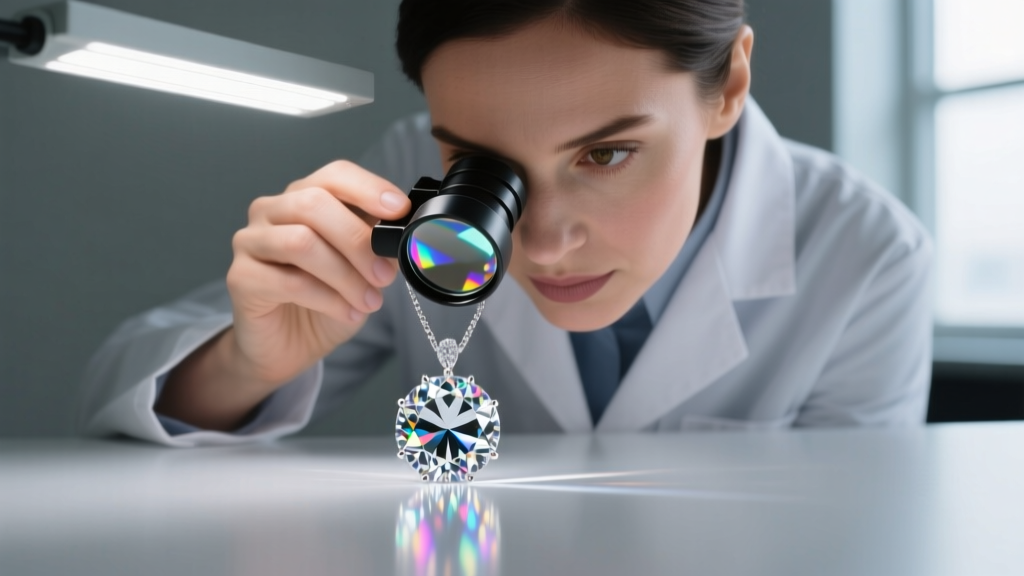 Gemologist using a 10x triplet loupe to inspect the girdle of a brilliant-cut diamond pendant under bright LED desk light.