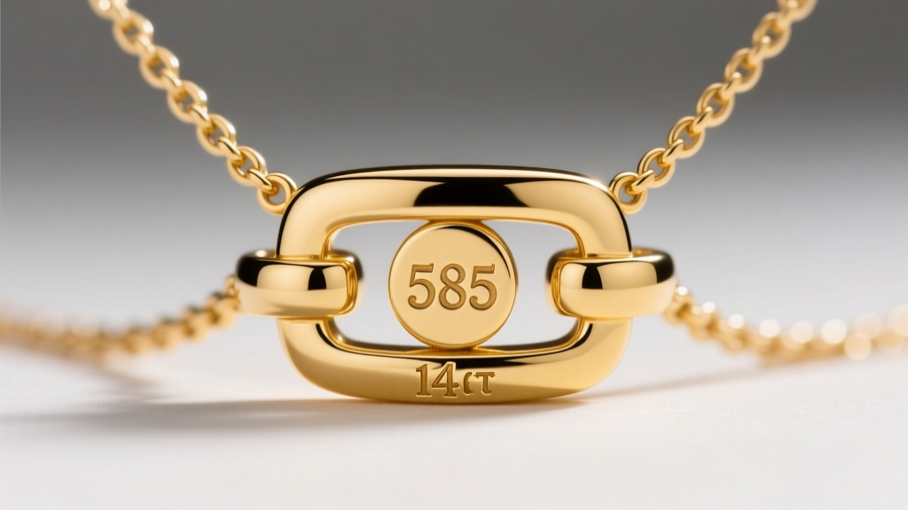 Close-up of an Italian 14kt gold necklace clasp showing the 585 hallmark and maker mark stamped on polished yellow metal