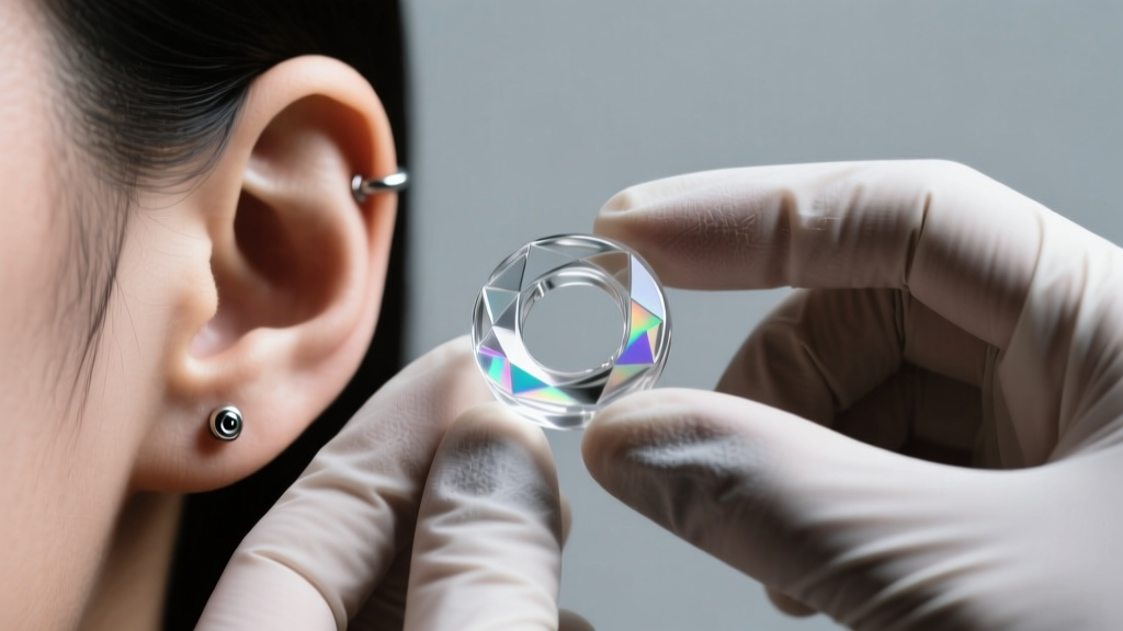 Glass ear retainer in a 14-gauge earlobe piercing, held by sterile gloved hands under bright clinic lights with soft shadows