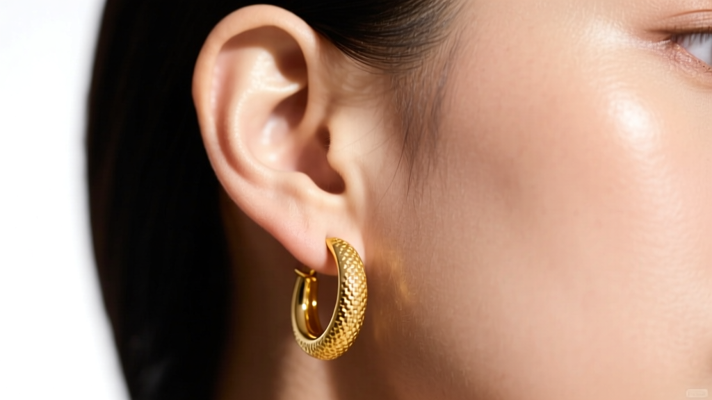 Macro shot of a model wearing thick 14k yellow gold hoop earrings showing the slight downward pull on a healthy supported earlobe