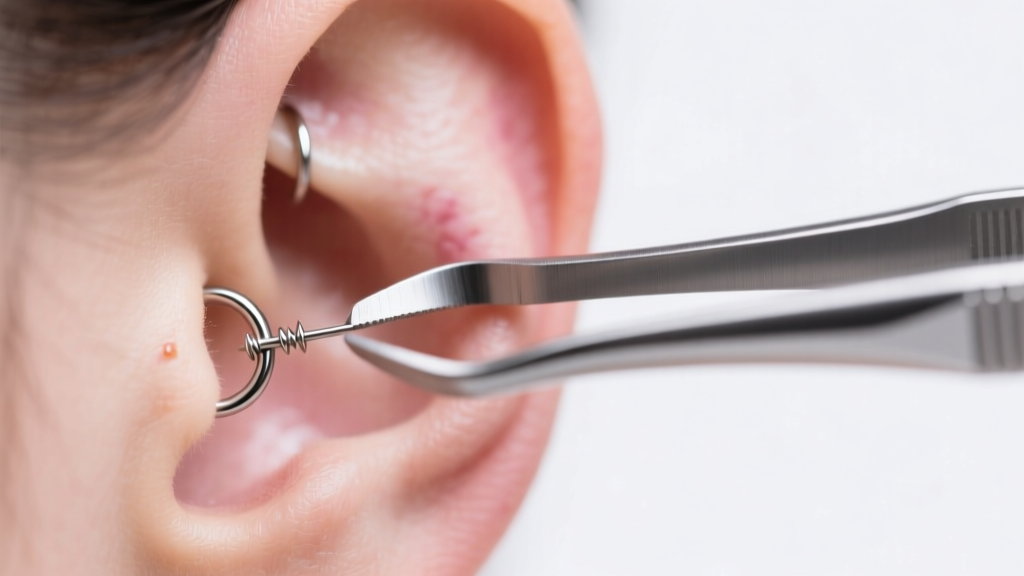 Sterile titanium forceps inserting a 16-gauge threaded cartilage hoop into a healed helix piercing under bright studio lighting.