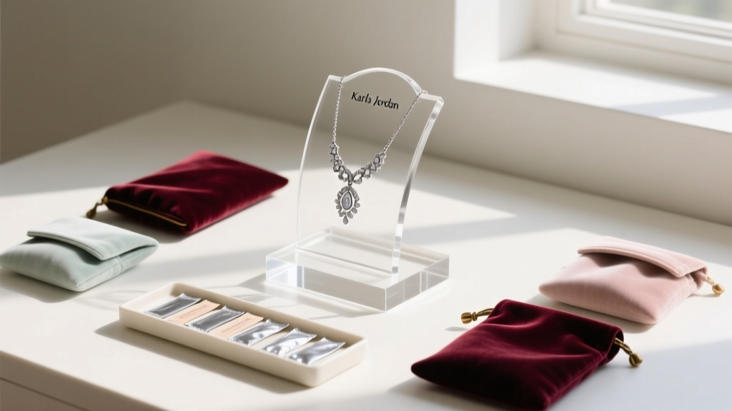Organized jewelry box with anti-tarnish strips, velvet pouches, and a Karla Jordan necklace hung on a small acrylic display stand