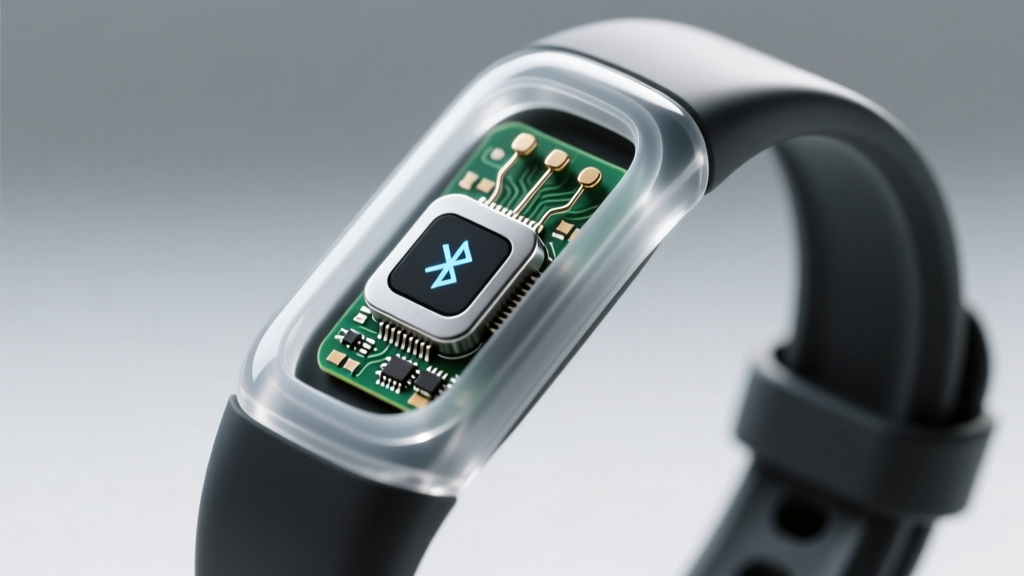 Macro photography of a fitness tracker band sleeve revealing a hidden Bluetooth GPS tracker embedded inside the silicone lining.
