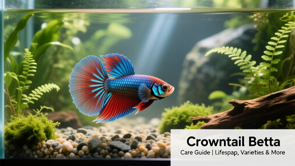 Healthy adult Crowntail betta resting peacefully among lush green plants and soft substrate in a mature, well-maintained aquarium