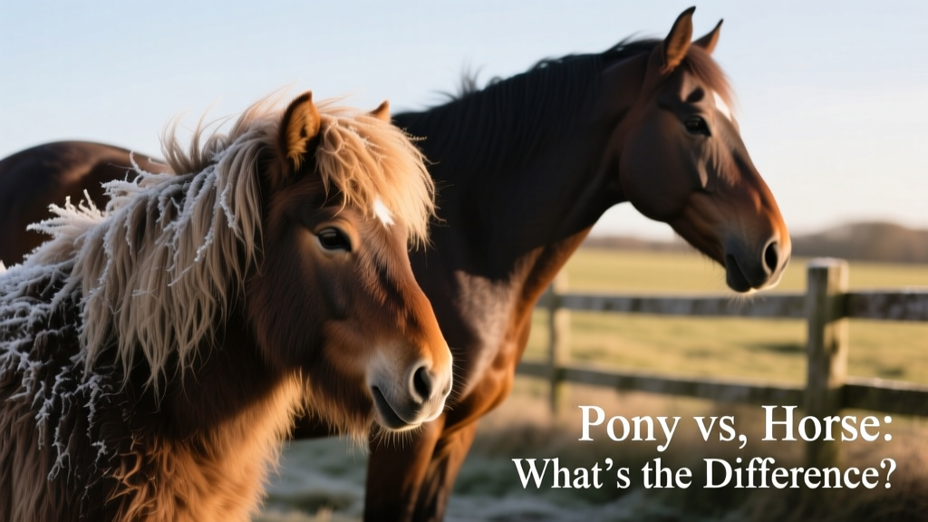 Close-up of a Shetland pony’s thick winter coat and abundant mane, next to a sleek Thoroughbred in summer coat