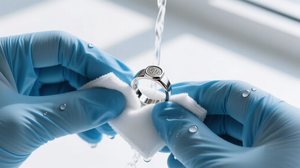 Hands in blue nitrile gloves gently scrubbing a stainless steel signet ring with a soft microfiber cloth and mild soapy water