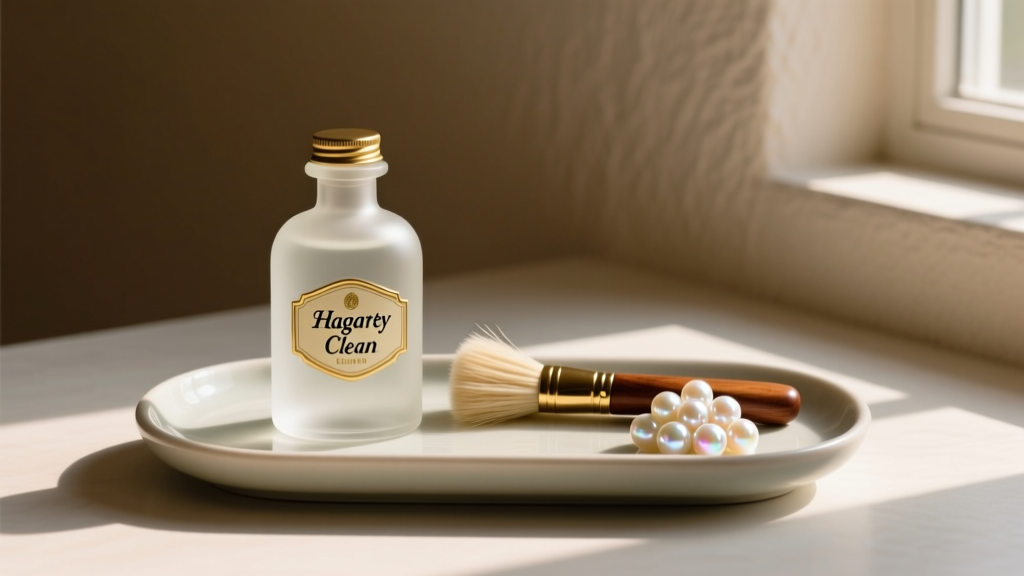Tray with Hagerty Gem Clean, a horsehair brush, and Akoya pearls illuminated by natural daylight streaming from a nearby window.