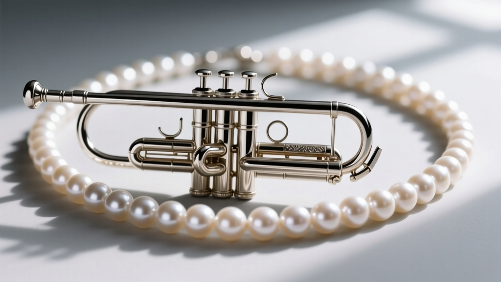 Close-up of a hidden convertible trombone clasp on a long pearl sautoir, showing the interlocking mechanism and safety latch.