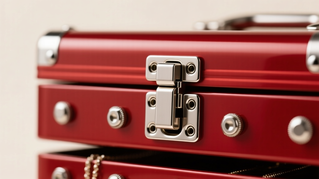 Macro shot of steel rivets and a cantilever hinge on a red metal tool box jewelry organizer, illuminated by soft studio lighting.