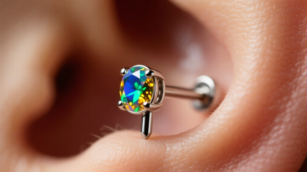Close-up of a 16-gauge 316L surgical steel cartilage stud with a bezel-set opal, worn on a helix piercing against blurred skin.