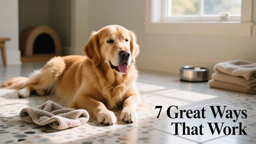 A calm dog resting on a cool tile floor with a damp towel nearby