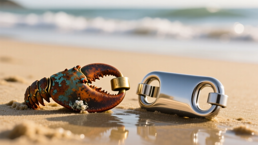 Macro photography of a corroded brass lobster clasp on a beach necklace next to a pristine 316L stainless steel replacement clasp