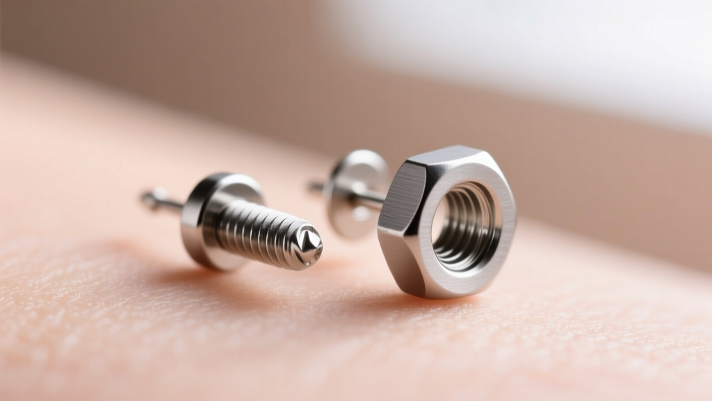 Macro shot of a titanium screw-back earring post and locking nut, highlighting precise threading against a blurred skin background.