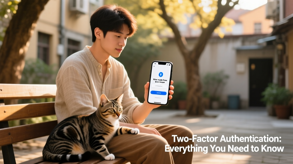 Person holding their smartphone with a tabby cat resting beside them