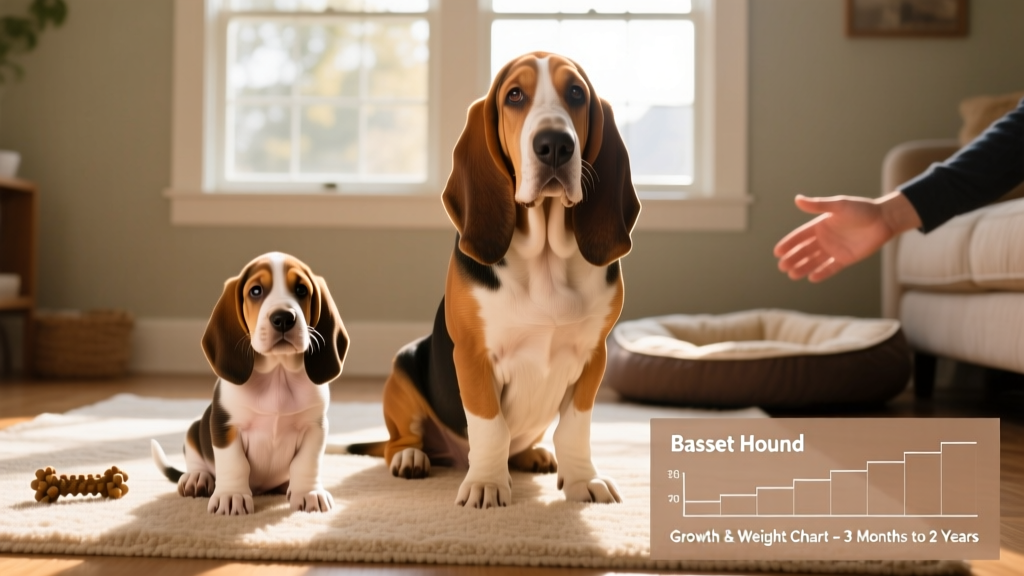Side-by-side comparison of a Basset Hound puppy at 3 months and an adult at 2 years, highlighting proportional differences
