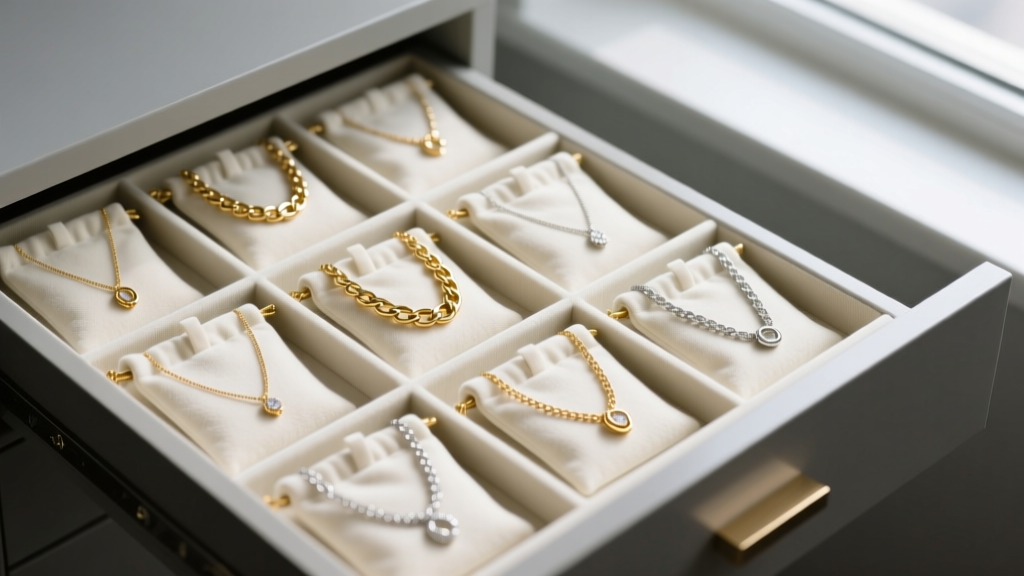 Top-down view of a jewelry drawer showing clear chain necklaces stored flat inside individual UV-blocking velvet pouches.