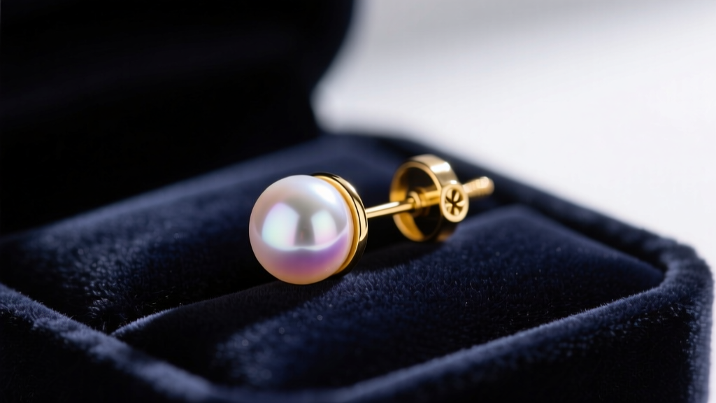 Close-up of a 7mm Akoya pearl earring set in 14k yellow gold with a secure screw back, resting on a dark velvet jewelry tray