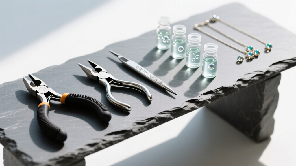 Flat lay of a quick repair jewelry kit on a slate bench, featuring nylon pliers, flush cutters, and small vials of liquid epoxy.
