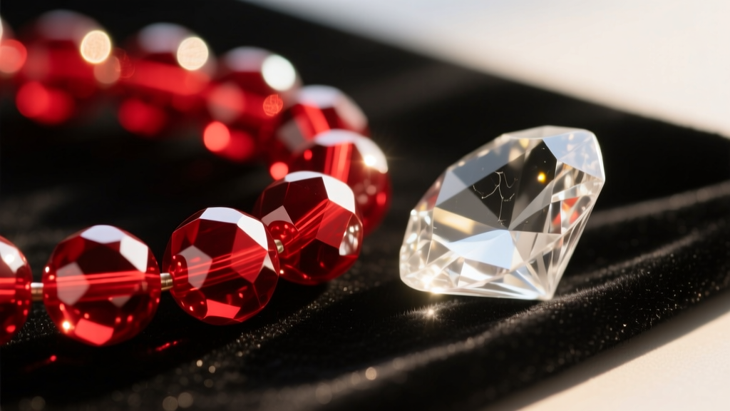 Macro shot of red acrylic Christmas beads beside glass crystals, showing facet clarity and light refraction on a dark velvet mat