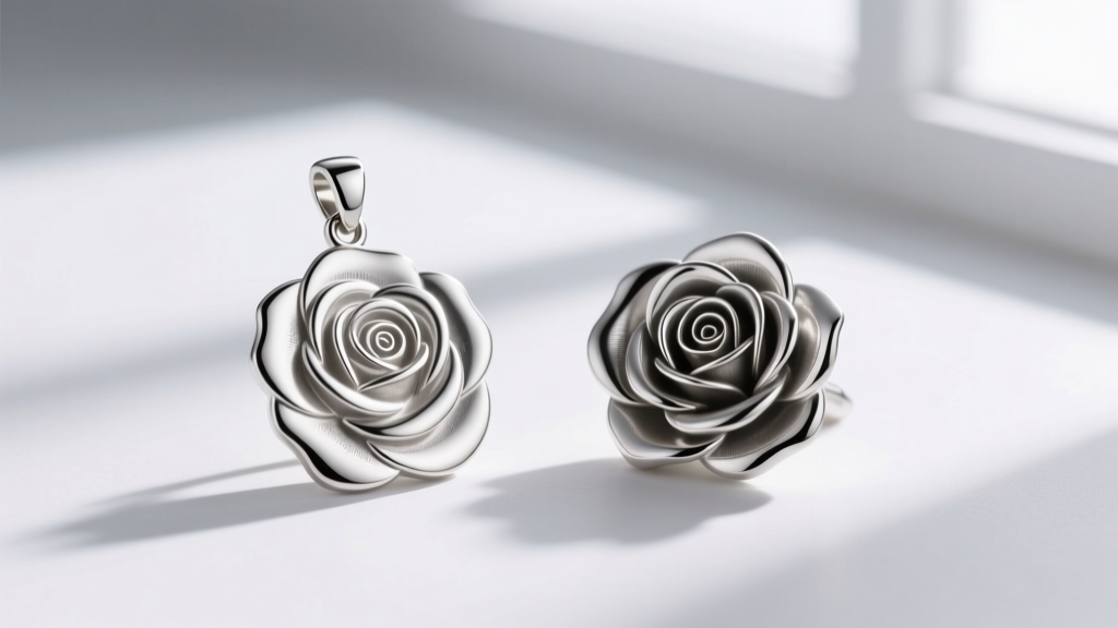 Flat die-stamped silver rose pendant next to a sculpted 3D cast rose charm, showing depth differences under soft studio lighting.