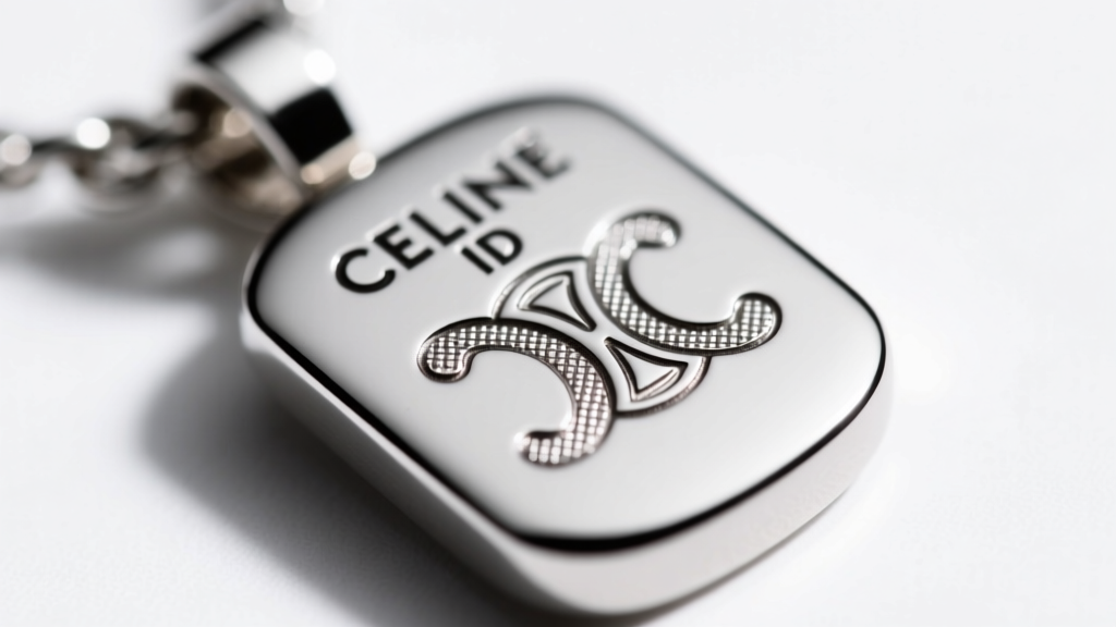 Macro shot of a Celine ID pendant back, showing authentic deep font stamping and crisp hallmark under bright studio lighting.