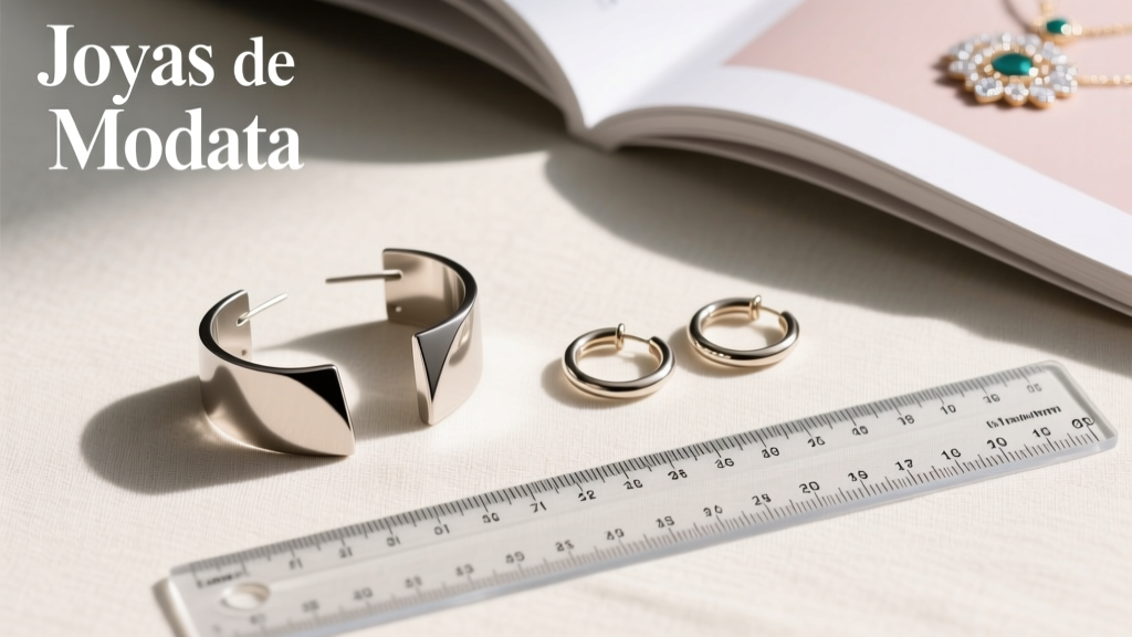Minimalist flat lay of titanium cartilage ear cuffs and 1.2mm hoop earrings next to a metric ruler and a Spanish jewelry catalog