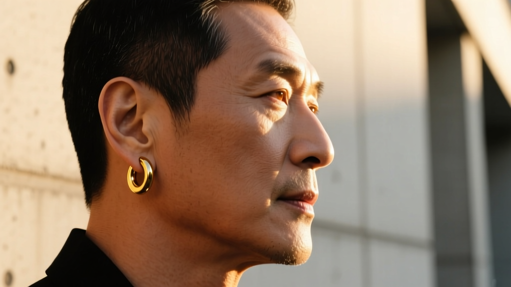 Side profile of a man with a strong jawline wearing a seamless 16-gauge gold huggie hoop in his left ear, golden hour sunlight.