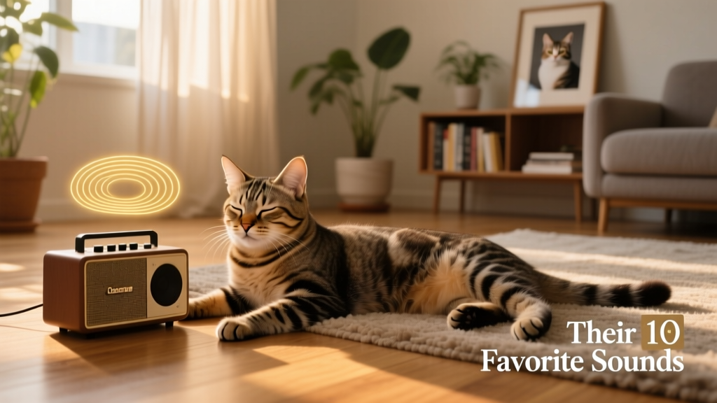 A relaxed cat lying near a speaker playing soft music, eyes half-closed in contentment