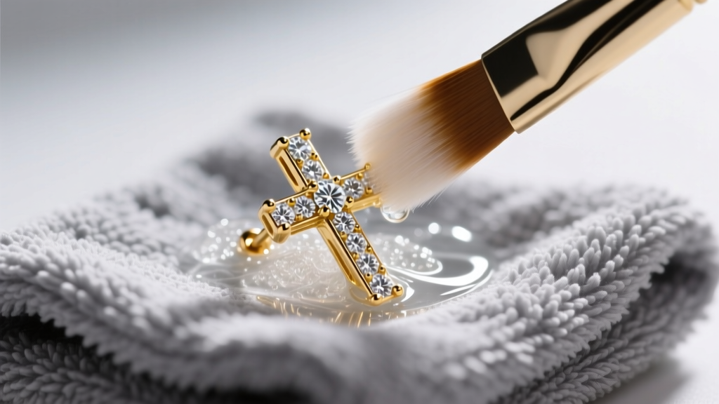 Soft brush cleaning a 14k gold diamond cross earring in soapy water, resting on a gray microfiber towel under bright studio lighting.