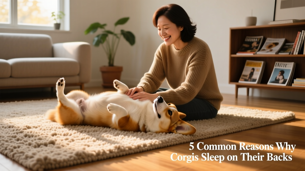 A relaxed Corgi lying on its back beside its owner on a living room rug