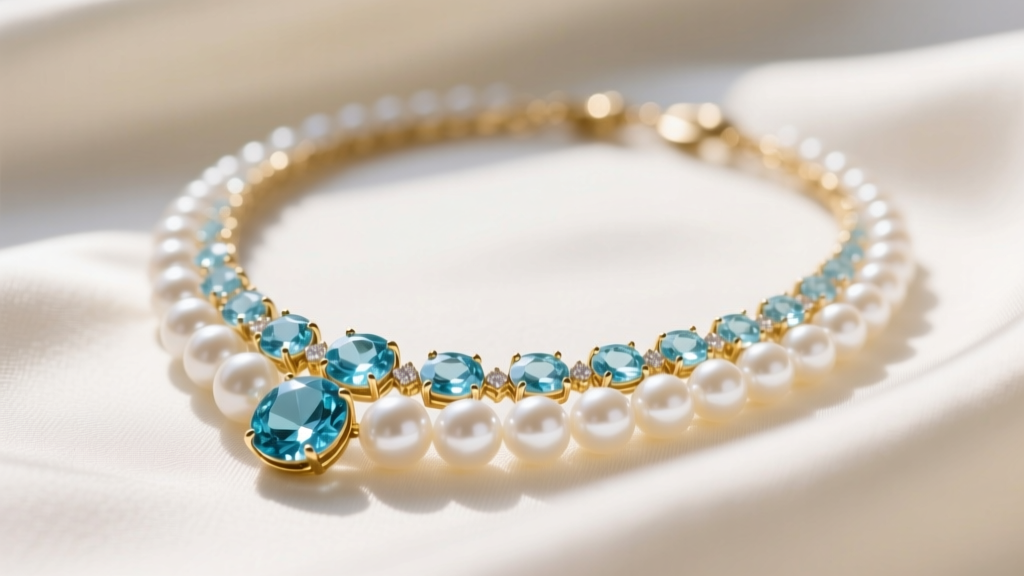 Close-up of 14k gold aquamarine pearl necklace resting on cream silk, soft window lighting highlighting the pale blue and white gems