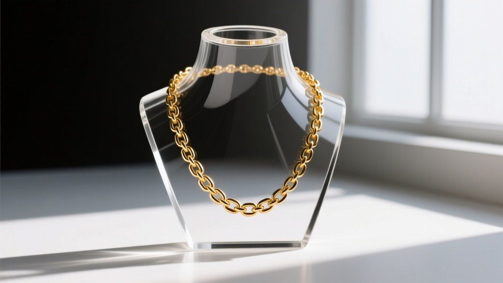Split lighting setup showing a clear acrylic necklace bust with a polarizing filter eliminating glare from a gold chain display