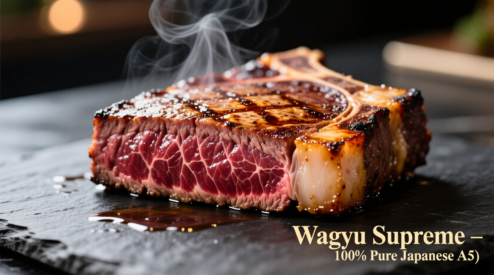 Perfectly seared wagyu steak with marbleized fat