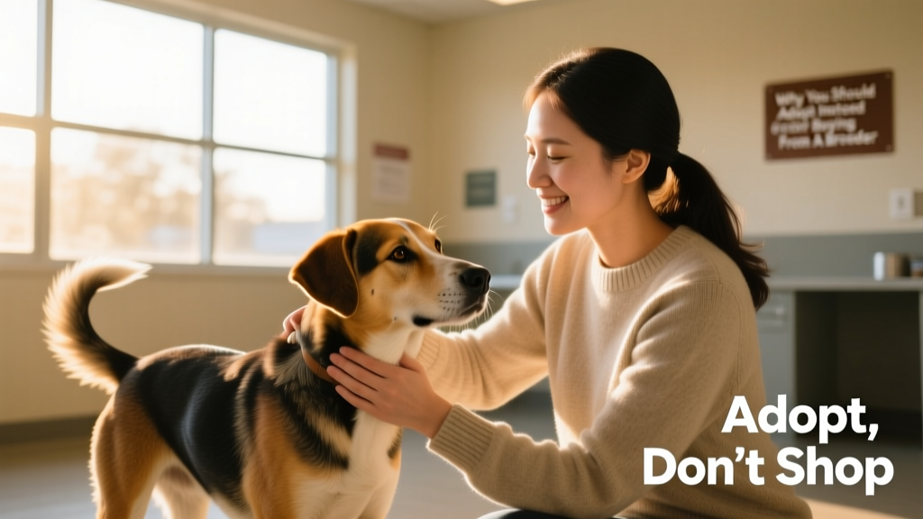 A shelter volunteer gently interacting with a calm, friendly adult mixed-breed dog during a meet-and-greet session