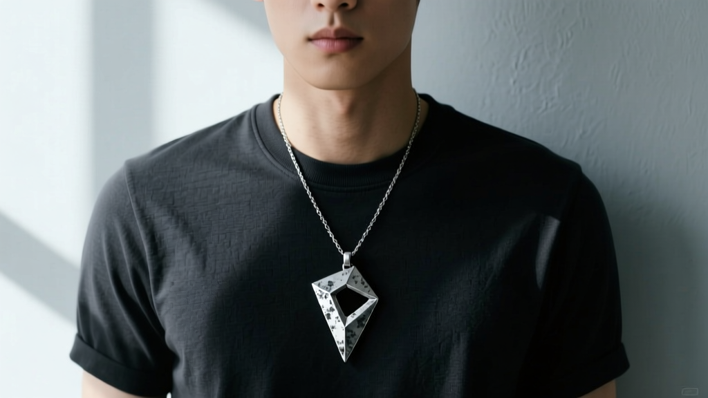 Man wearing an oxidized 925 sterling silver necklace with a brutalist geometric pendant over a dark crewneck t-shirt.