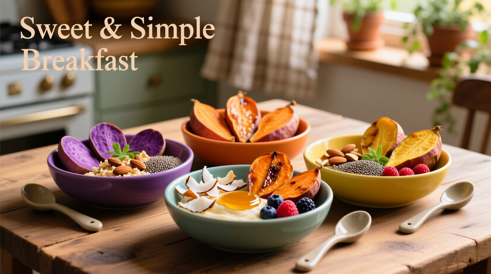 Colorful sweet potato breakfast bowls with toppings