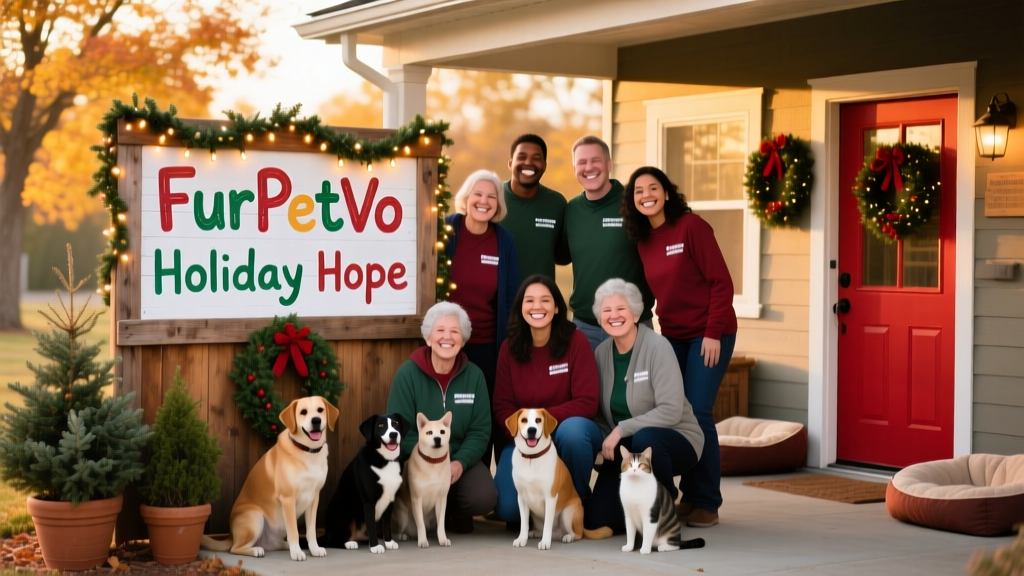 A diverse group of volunteers smiling beside a decorated adoption center sign reading 'FurPetVo Holiday Hope'