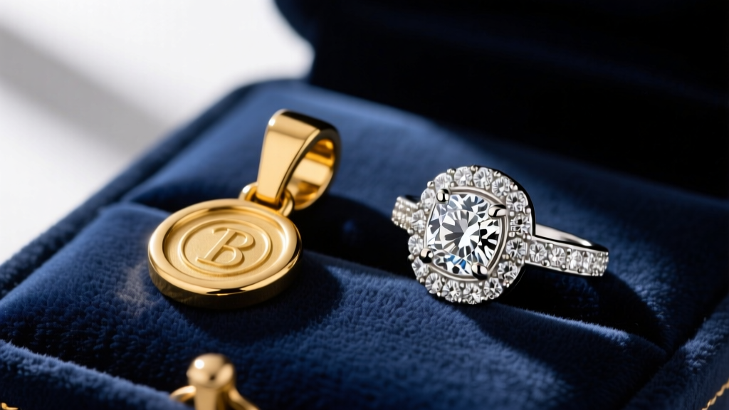 Side-by-side comparison of a mass-produced stamped gold bail and a custom cast platinum bale with pave diamonds on a velvet pad