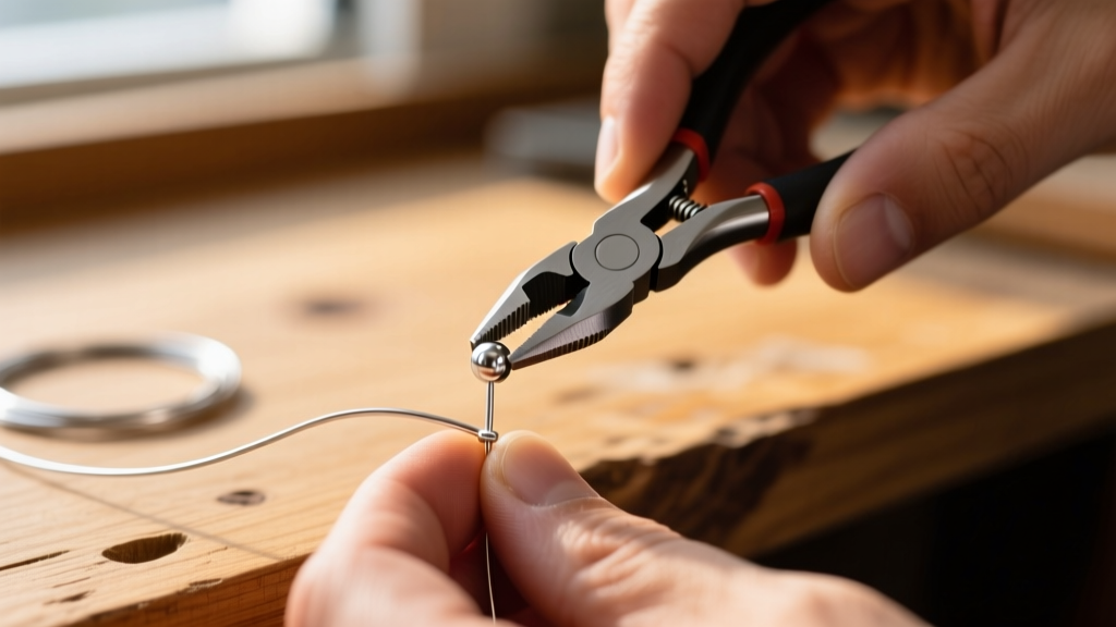 Hands using round-nose pliers to secure a 2mm silver crimp bead over a 0.015-inch beading wire on a wooden workbench