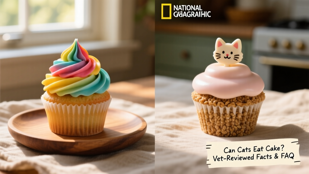 Side-by-side comparison: a human cupcake with colorful frosting versus a FurPetVo cat-safe treat shaped like a mini cupcake