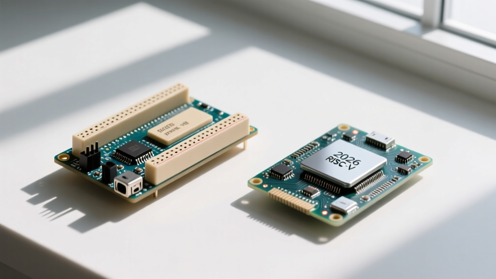A side-by-side comparison of a traditional Arduino Uno and a modern 2026 RISC-V development board with integrated edge-AI accelerators.