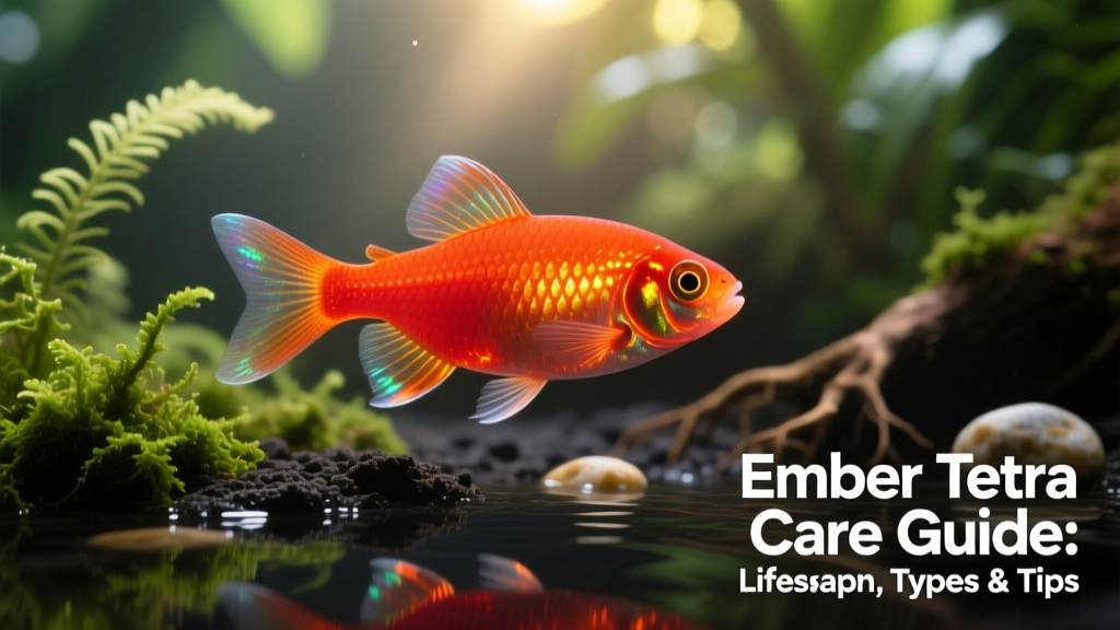 Close-up of an ember tetra showing its brilliant red-orange body and translucent fins against dark substrate and live plants