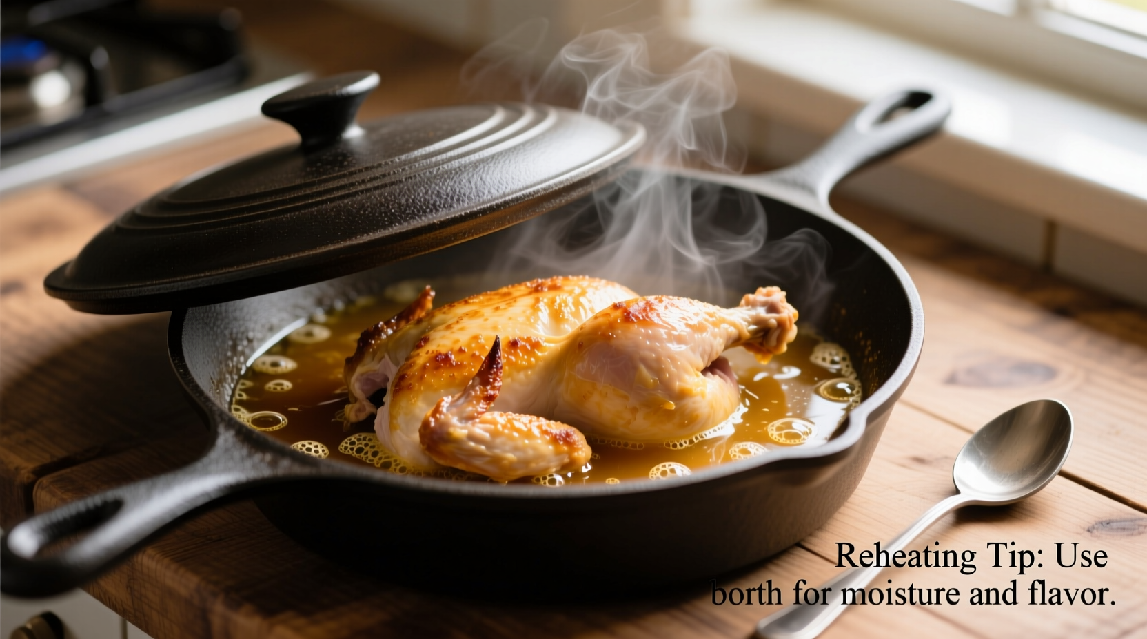 Chicken reheating in covered skillet with broth