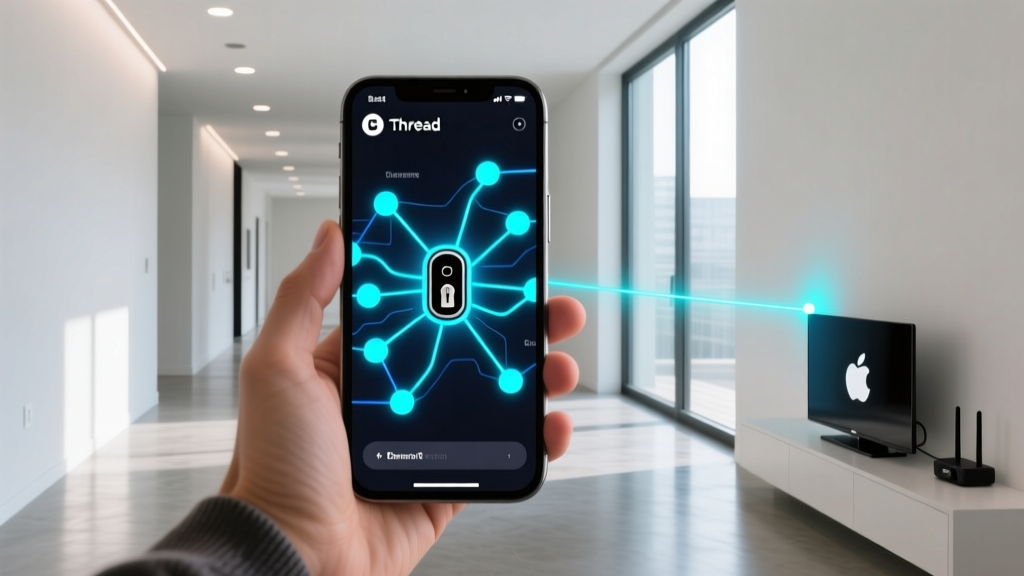 Smartphone screen displaying a Thread network topology map showing a smart lock connected seamlessly to an Apple TV border router in a modern hallway