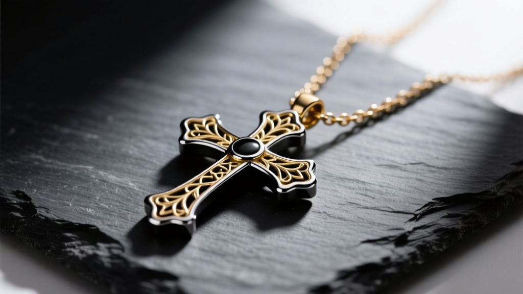 Macro shot of a black rhodium plated gold cross necklace on dark slate, highlighting intricate filigree and matte finish.