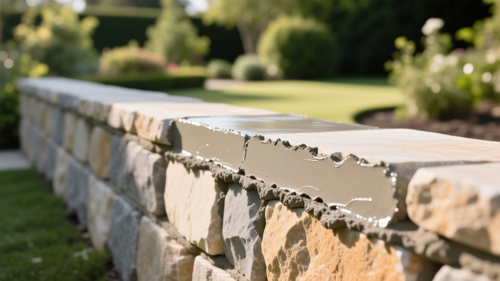 Close-up of a natural limestone retaining wall featuring fresh Type O mortar repointing and siloxane sealer application in a garden